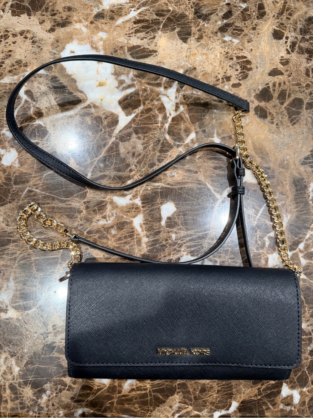 Michael Kors Black Leather Crossbody Wallet with Gold Chain